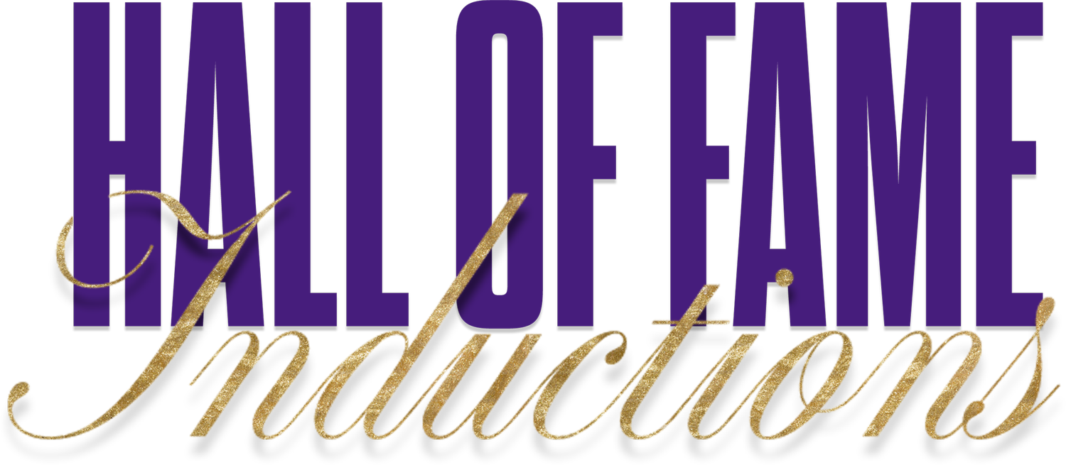 Text that says 'HALL OF FAME' in large purple letters with the words 'Inductions' below in gold cursive.
